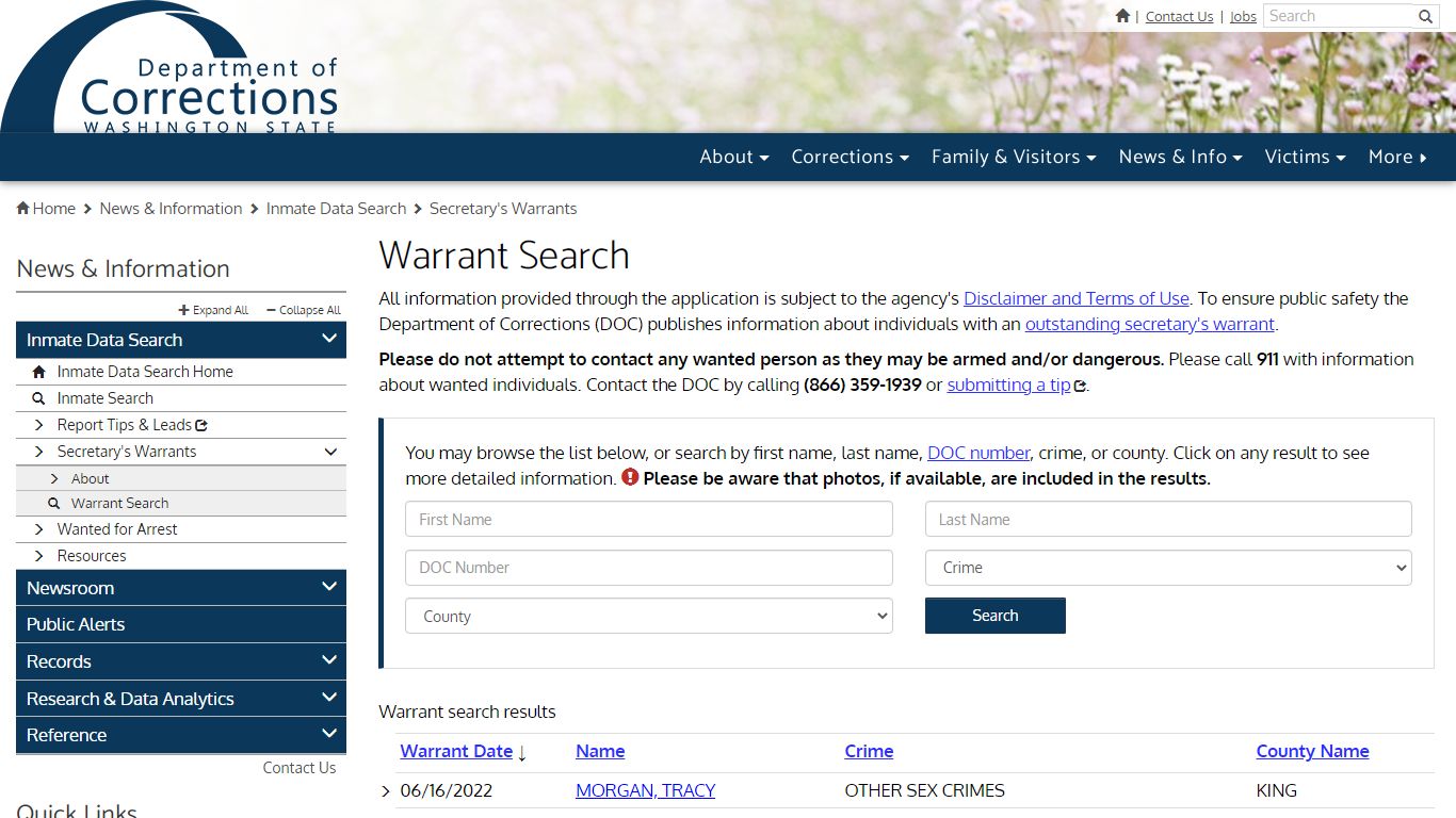 Warrant Search | Washington State Department of Corrections